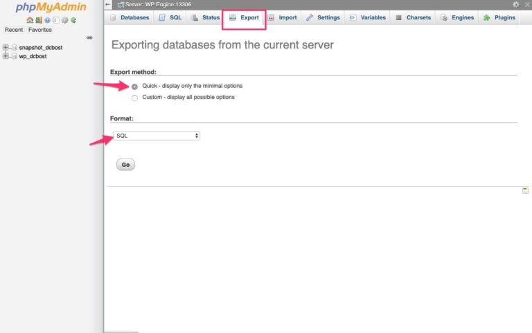 Export WordPress MySQL database first