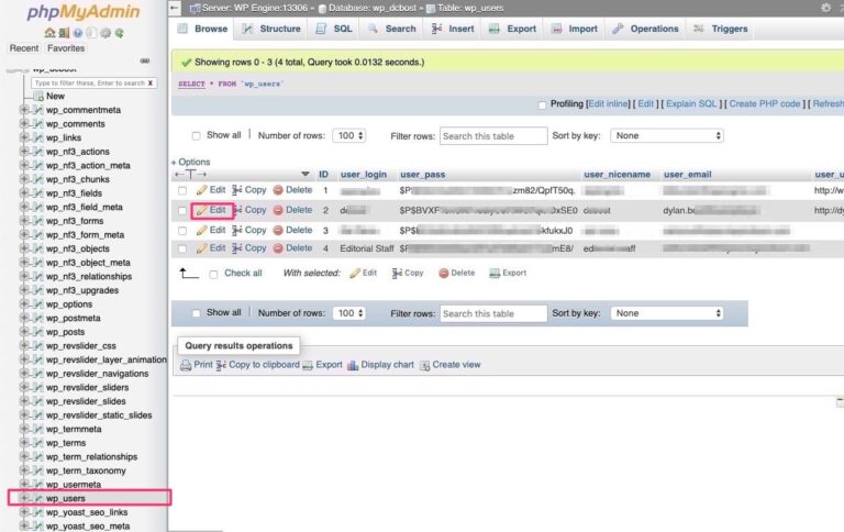 WordPress MySQL database user list