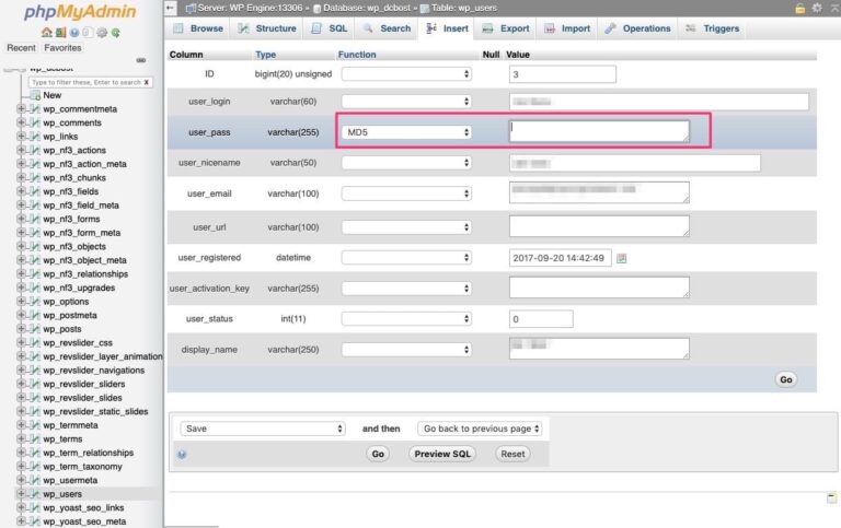 WordPress MySQL user details edit password