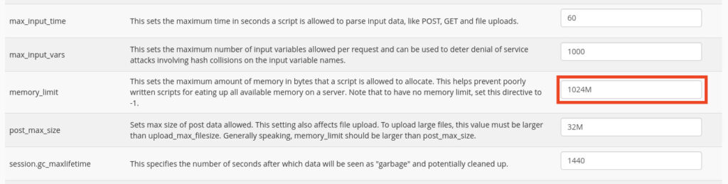 cPanel PHP Directive Memory Limit