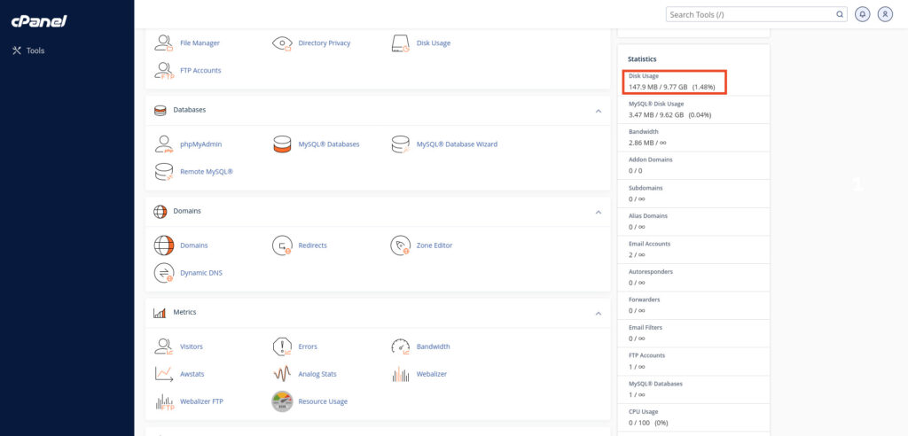 cPanel dashboard disk usage