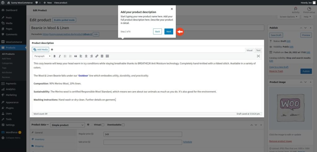 WooCommerce quick start product description