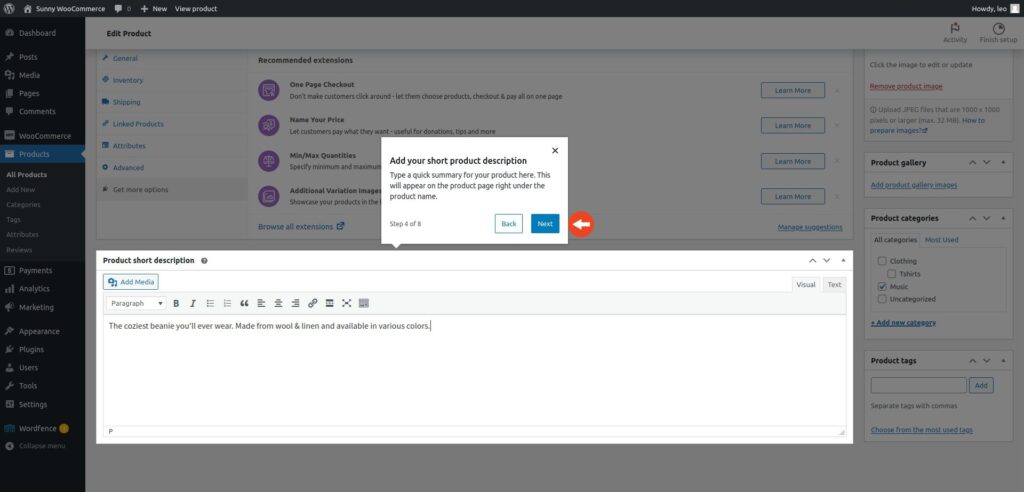 WooCommerce quick start short description