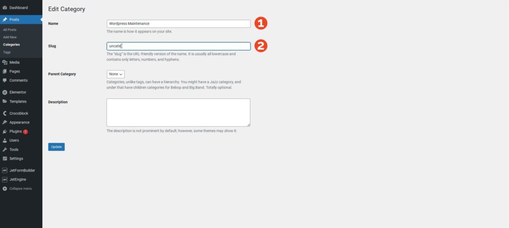 WordPress category edit screen