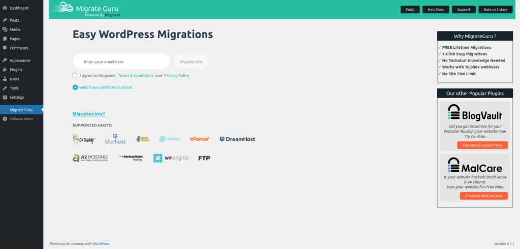 Migrate Guru WP dashboard