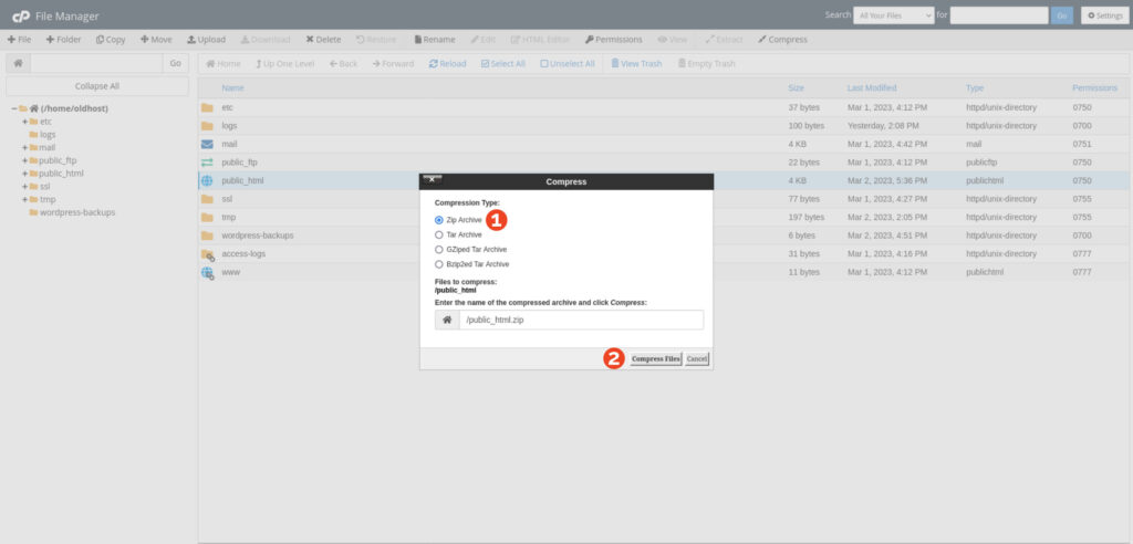 cPanel file manager compress