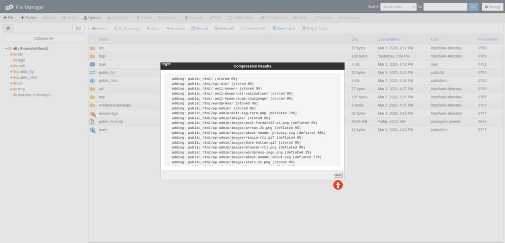 cPanel File Manager compress results