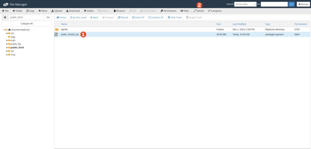 cPanel File Manager extract