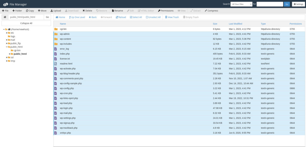 cPanel File Manager select