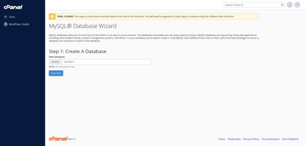cPanel Database Wizard Step1