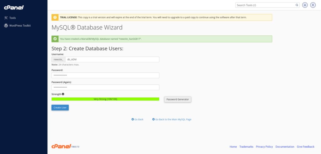 cPanel Database Wizard Step2
