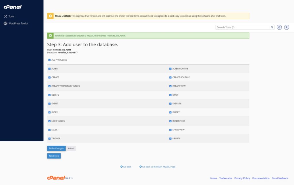 cPanel Database Wizard Step3