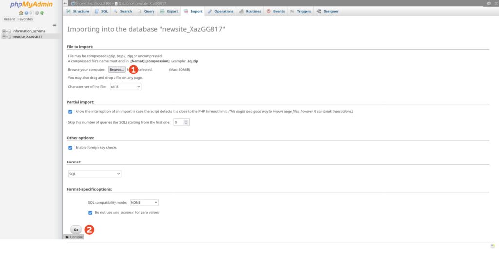 cPanel phpMyAdmin Import