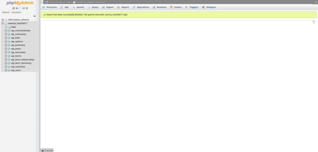 cPanel phpMyAdmin import complete