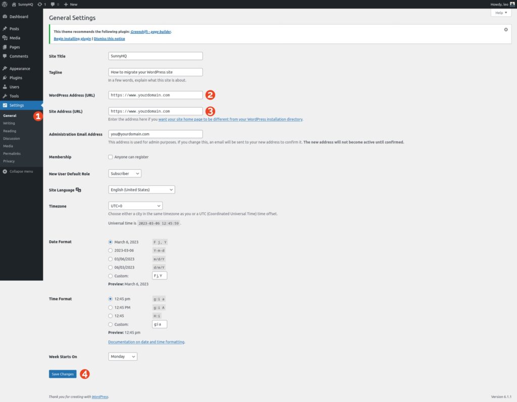 WordPress settings change URL