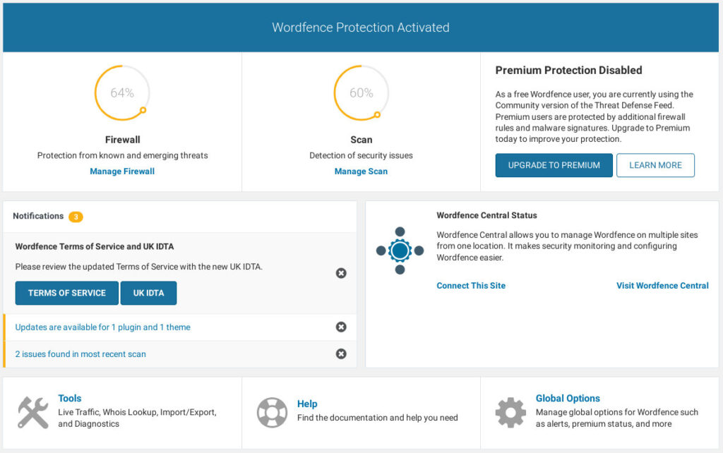 Wordfence dashboard