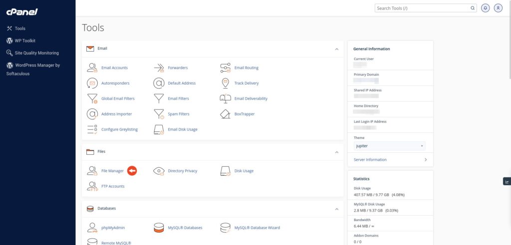 File Manager in cPanel Dashboard
