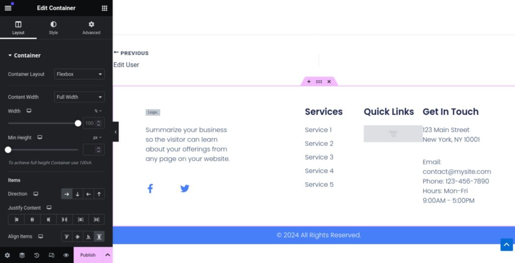 Editing Footer in Elementor