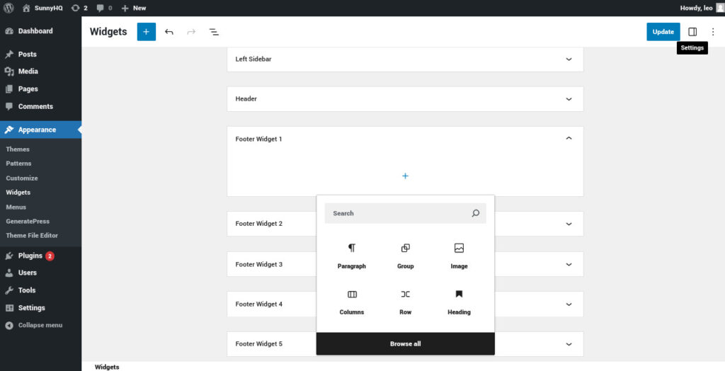 Adding widgets to footer