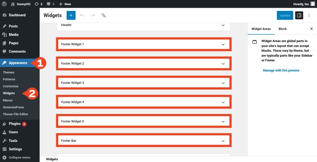 GeneratePress Footer Widget Areas