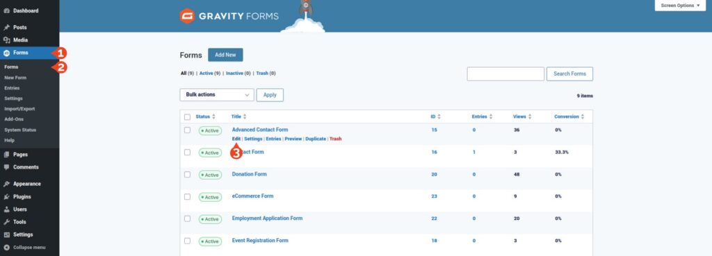 Gravity Forms list view