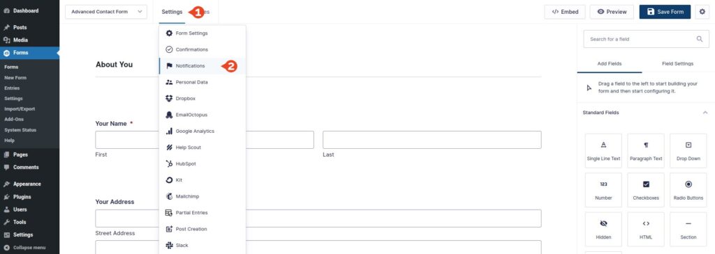Gravity Forms settings menu