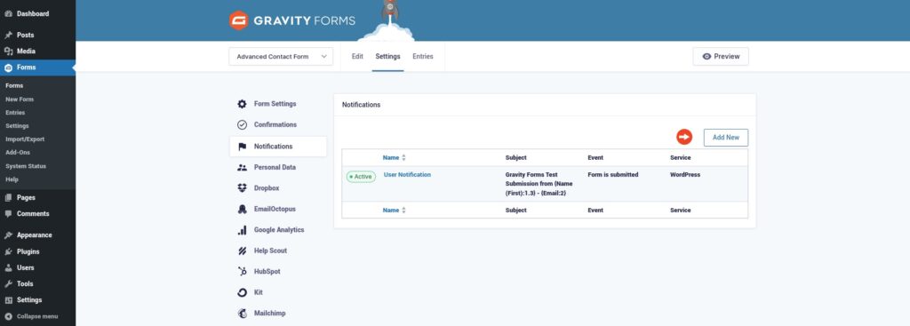 Gravity Forms notification settings