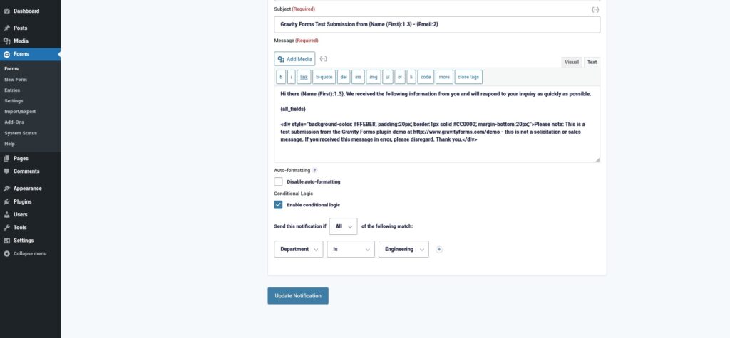 Conditional logic settings in Gravity Forms