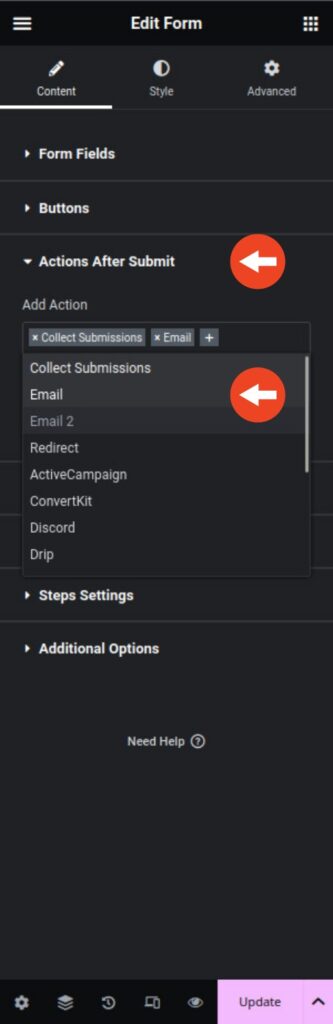 Email notification in Elementor form widget