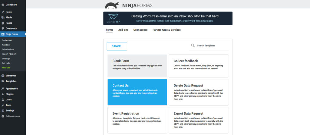 Ninja Forms template dashboard