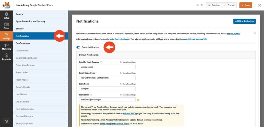 WPForms notification settings