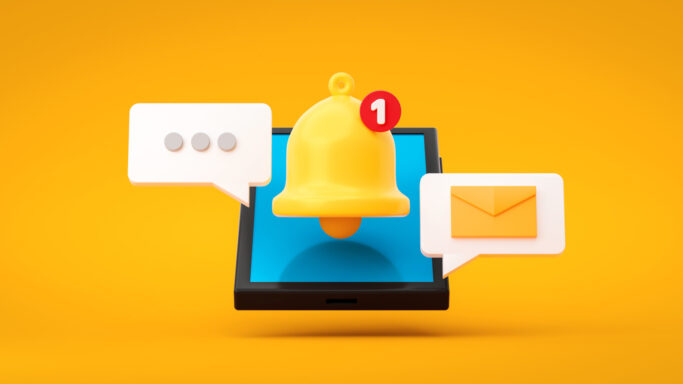 Notification message bell icon alert and alarm on yellow background with smartphone reminder. 3D rendering.