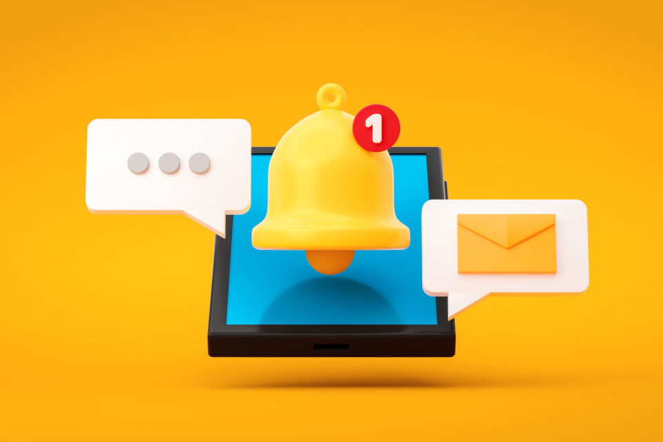 Notification message bell icon alert and alarm on yellow background with smartphone reminder. 3D rendering.