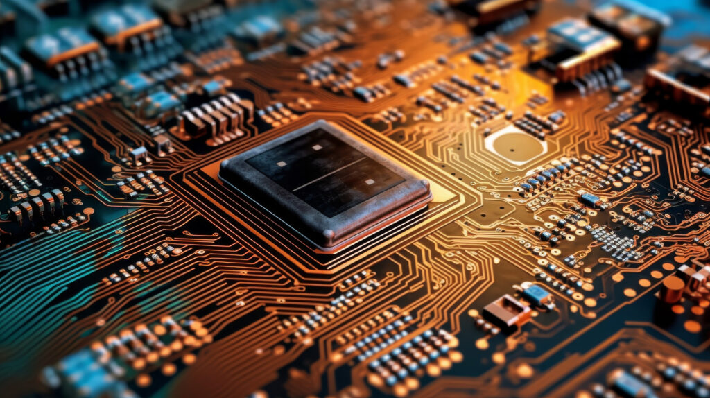 A close up of a computer chip with a lot of wires and circuitry. Concept of complexity and intricacy, as well as the importance of technology in our lives