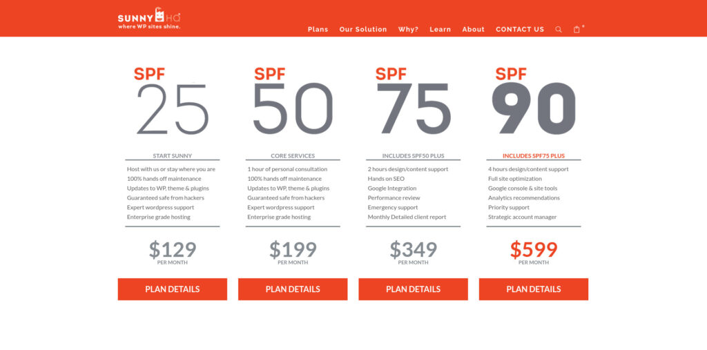 SunnyHQ WordPress plans