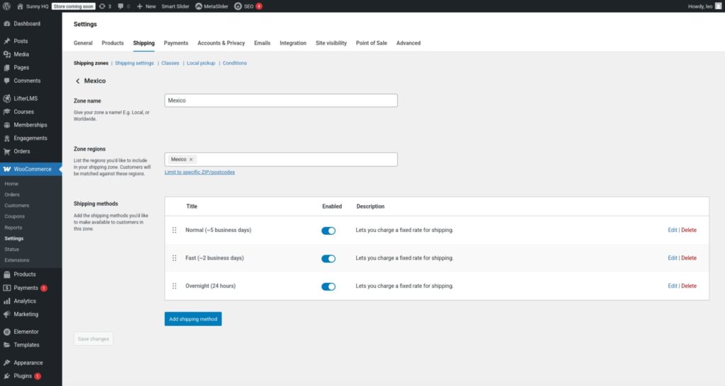 Multiple shipping methods