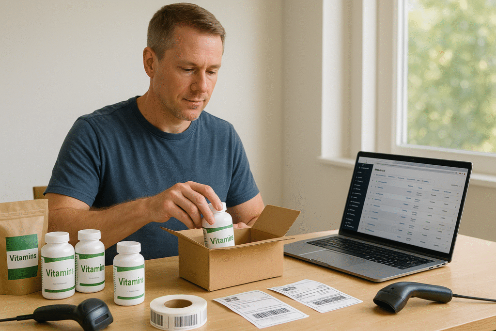 Supplement brand owner packing vitamin bottles into boxes beside a laptop with WooCommerce orders—organized autoship workflow, compliant and calm