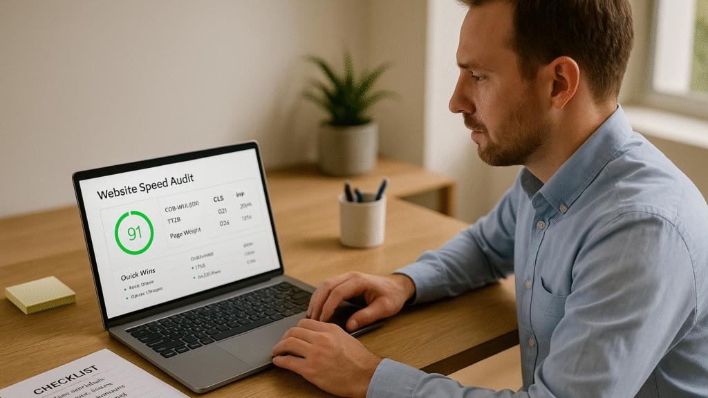 WordPress website performance audit review in a modern office—Core Web Vitals dashboard on laptop, small-business owner at a clean wooden desk