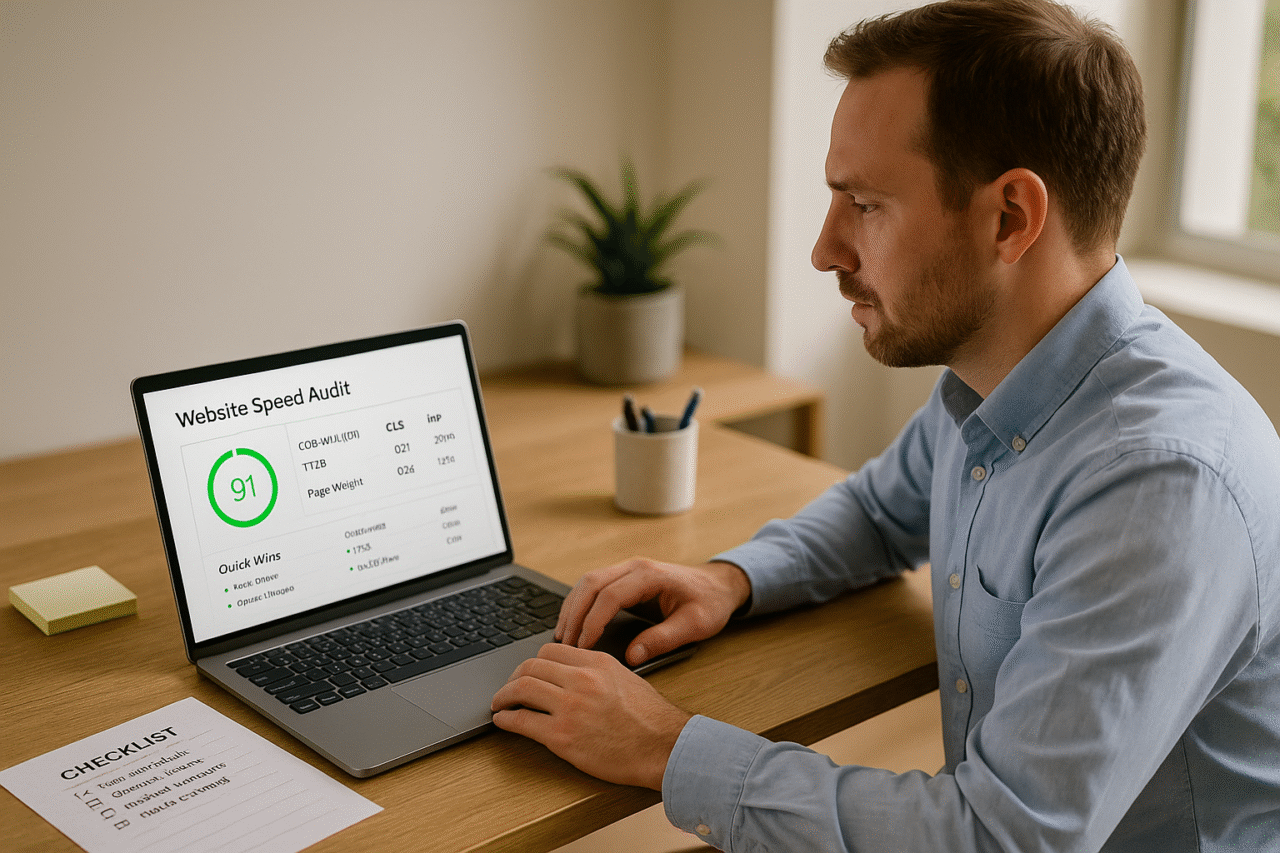 WordPress website performance audit review in a modern office—Core Web Vitals dashboard on laptop, small-business owner at a clean wooden desk