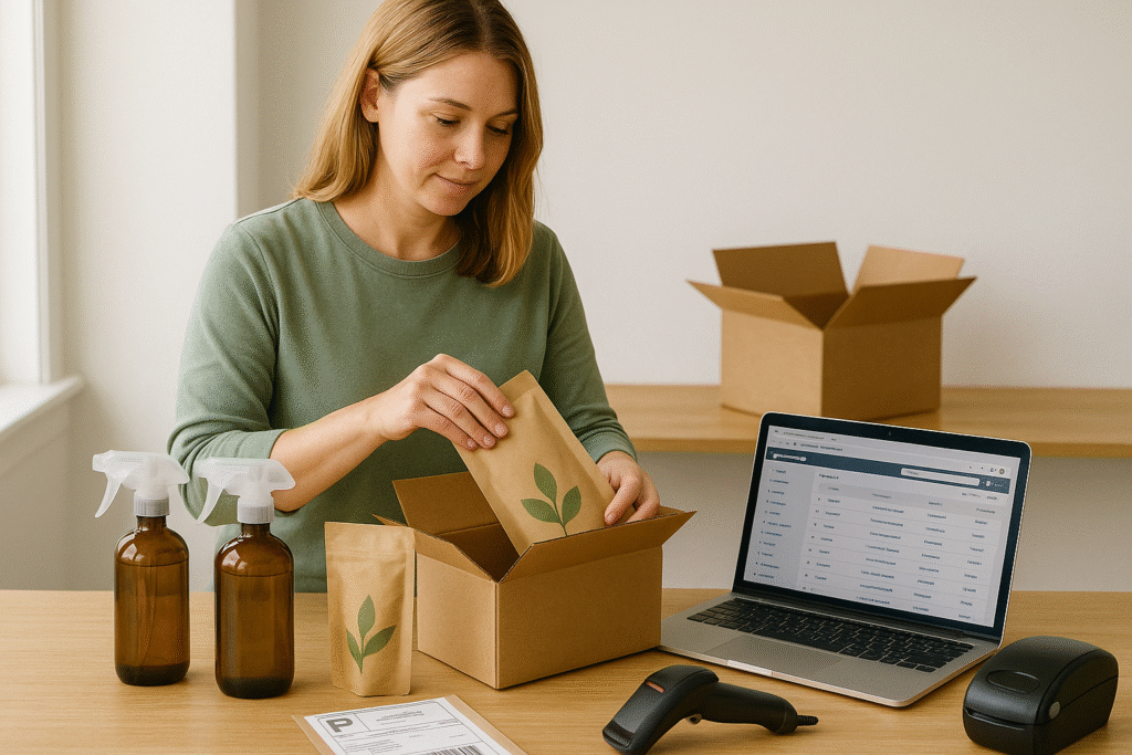 Eco cleaning brand owner packing refill pouches and glass spray bottles beside a laptop with WooCommerce orders—organized autoship workflow, calm and compliant.