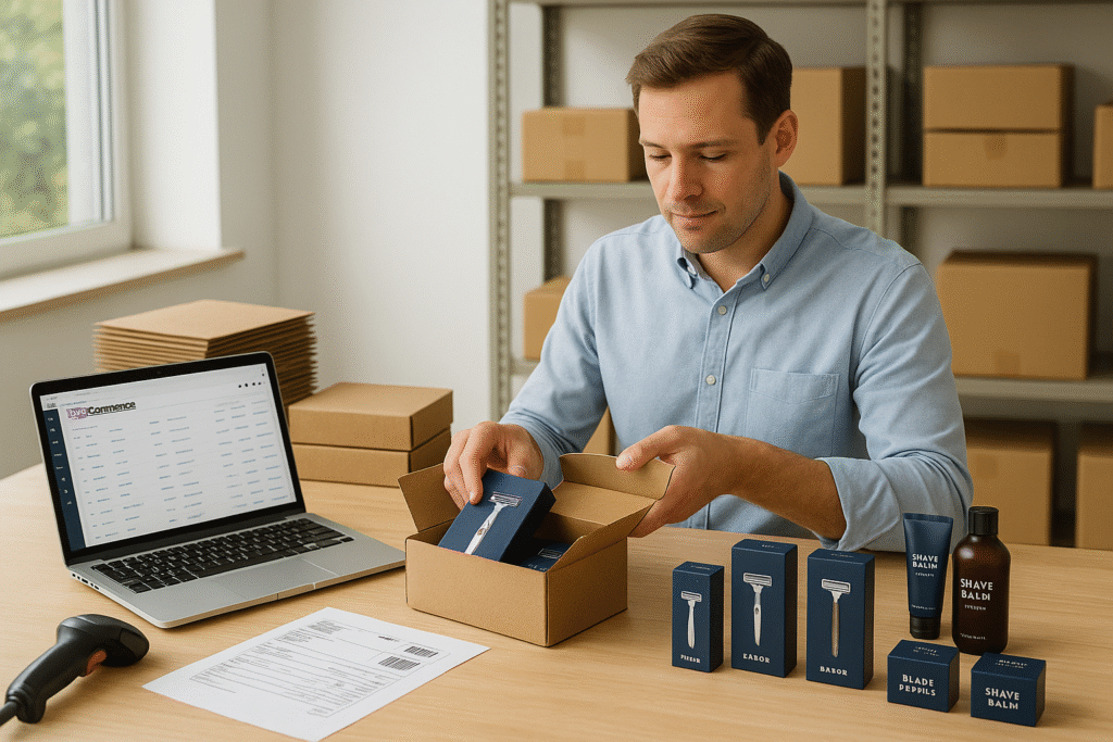 Men’s grooming DTC workspace—razors, blade refills, shave balms; laptop showing WooCommerce orders; shipping labels and barcode scanner; clean natural light, small fulfillment scene.