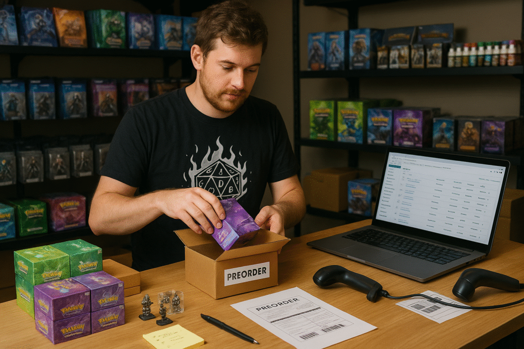 Hobby shop owner packing TCG boxes and miniatures