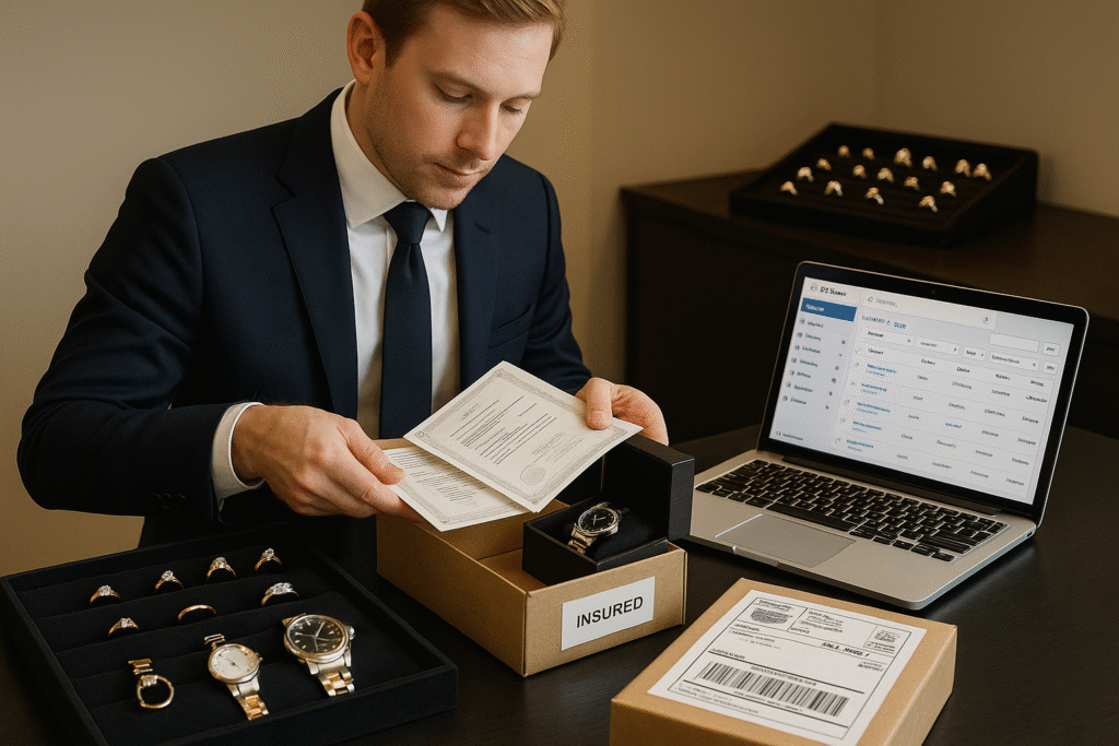 Luxury jeweler packing a watch and ring set with certificates into an insured, signature-required shipment beside a laptop showing WooCommerce orders—high-ticket checkout secured.