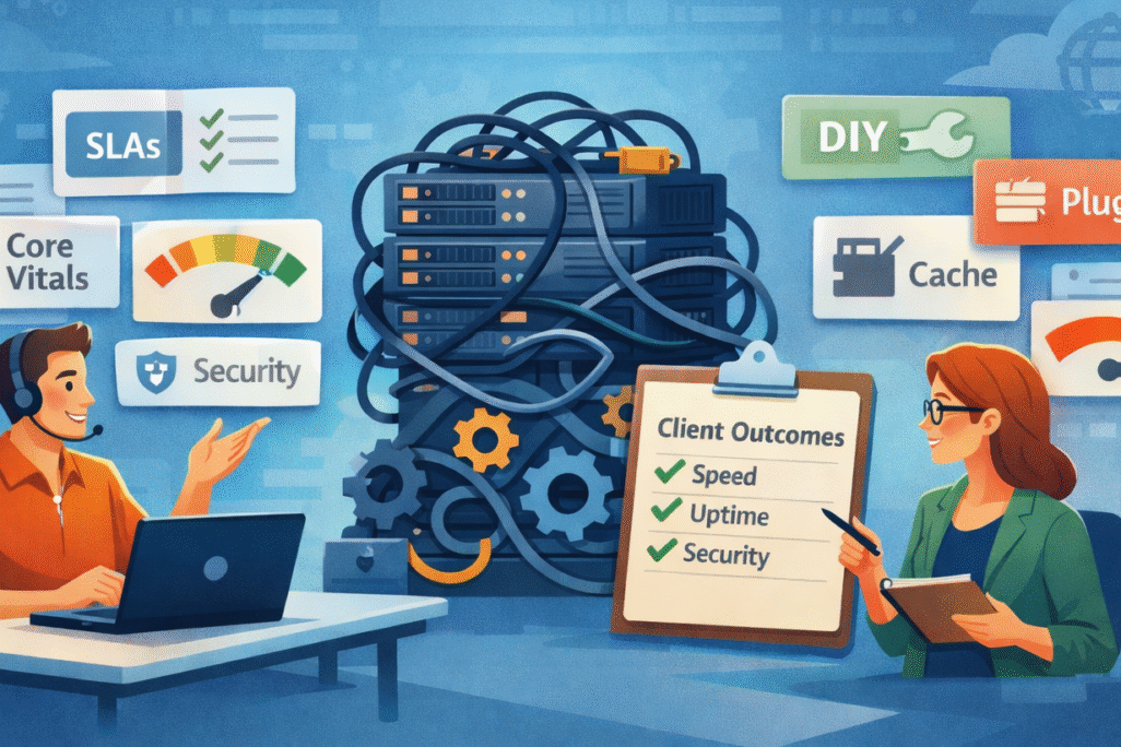 Agency team discusses managed WordPress hosting: server stack center, UI cards for SLAs, Core Vitals, Security, DIY, Plugins, Cache.