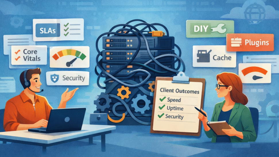 Agency team discusses managed WordPress hosting: server stack center, UI cards for SLAs, Core Vitals, Security, DIY, Plugins, Cache.