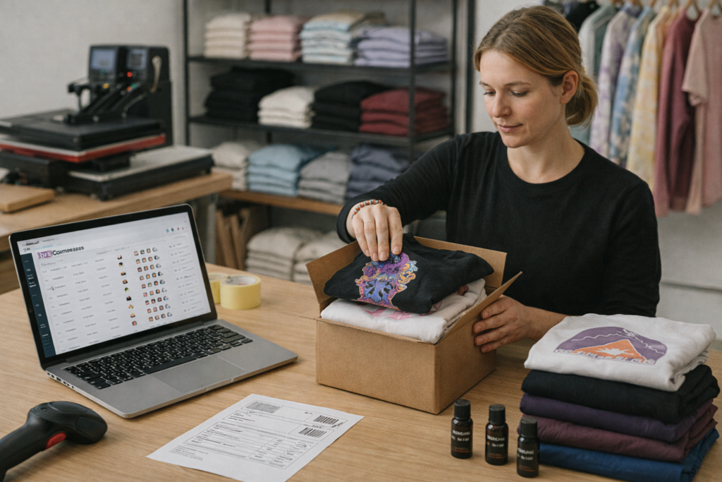 Custom apparel brand owner preparing drop-day orders—tees and hoodies packed beside a laptop with WooCommerce variant swatches, shipping labels, barcode scanner, heat press/DTG in a tidy studio.