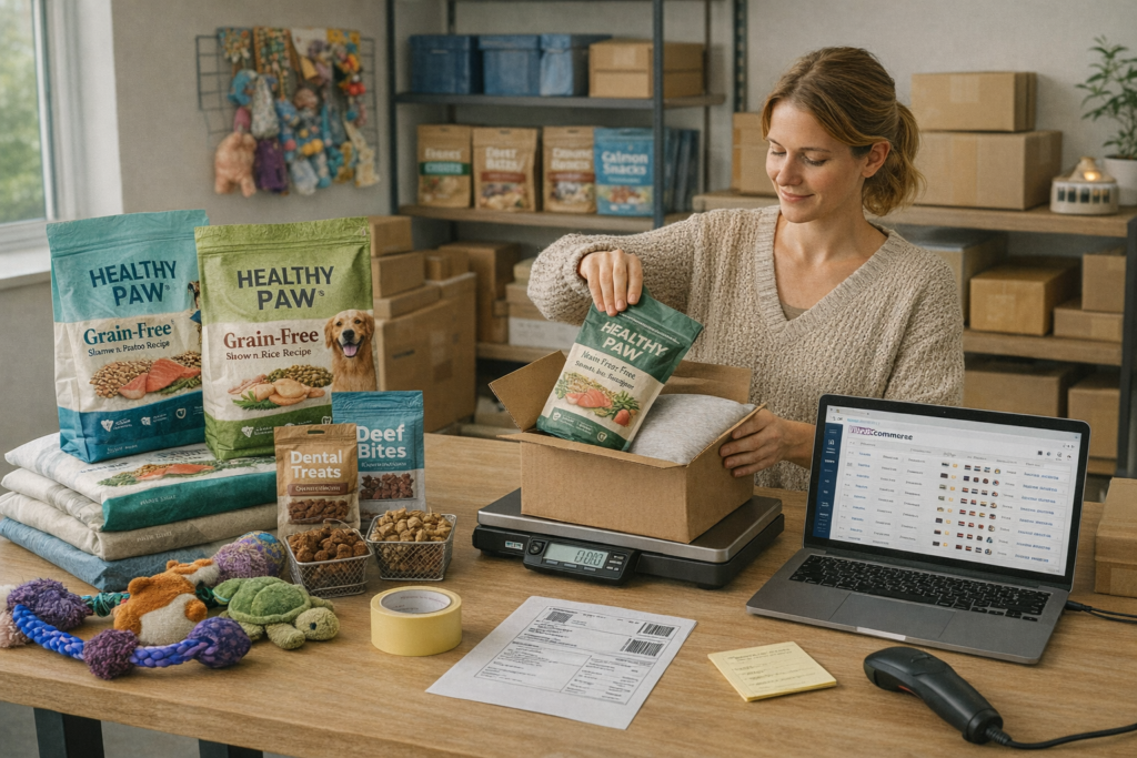 Female pet shop owner prepares a bulky pet-supply shipment—kibble bag, treat pouches, toys—next to WooCommerce orders on a laptop; barcode scanner, labels, and scale on the shipping table.