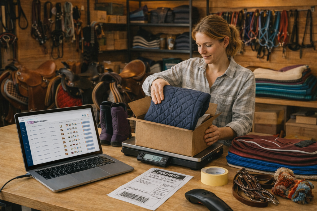 Ranch supply owner packs saddle pads, boots, and tack beside a laptop showing WooCommerce orders with freight label and local-delivery options; warm shop lighting.