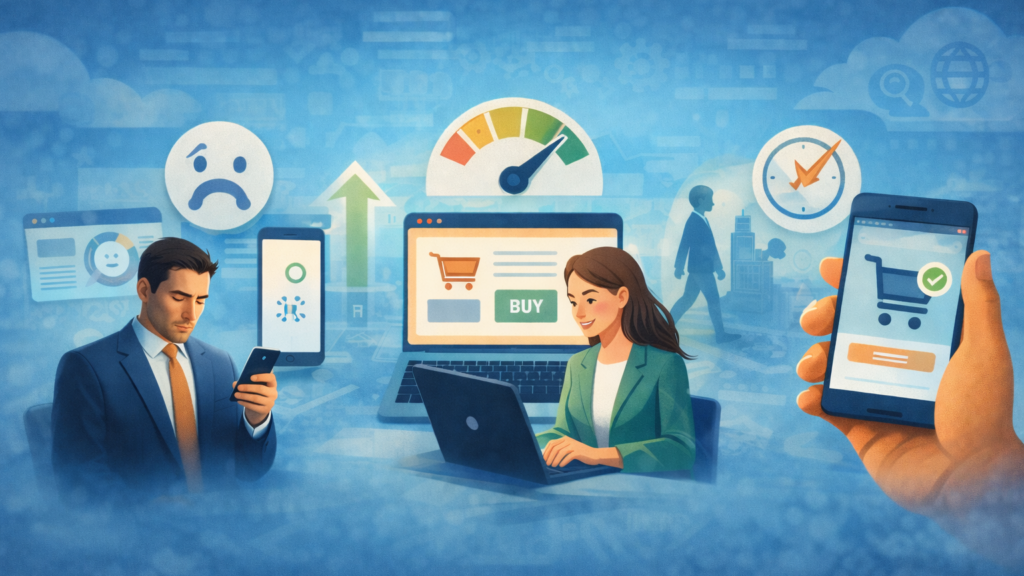 Side-by-side scenes: frustrated user on a slow page, confident shopper on a fast page, and a mobile checkout completing smoothly.