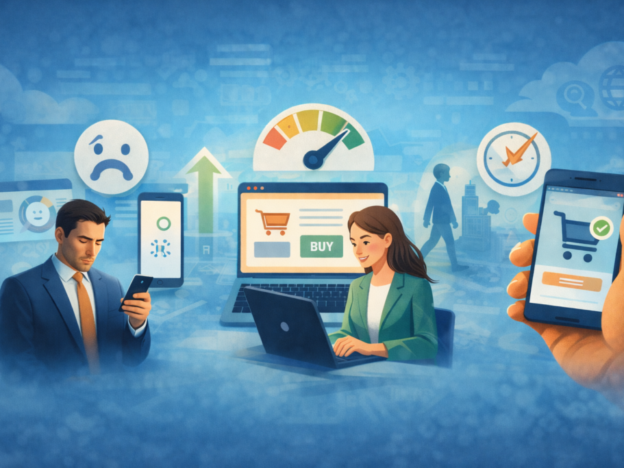 Side-by-side scenes: frustrated user on a slow page, confident shopper on a fast page, and a mobile checkout completing smoothly.
